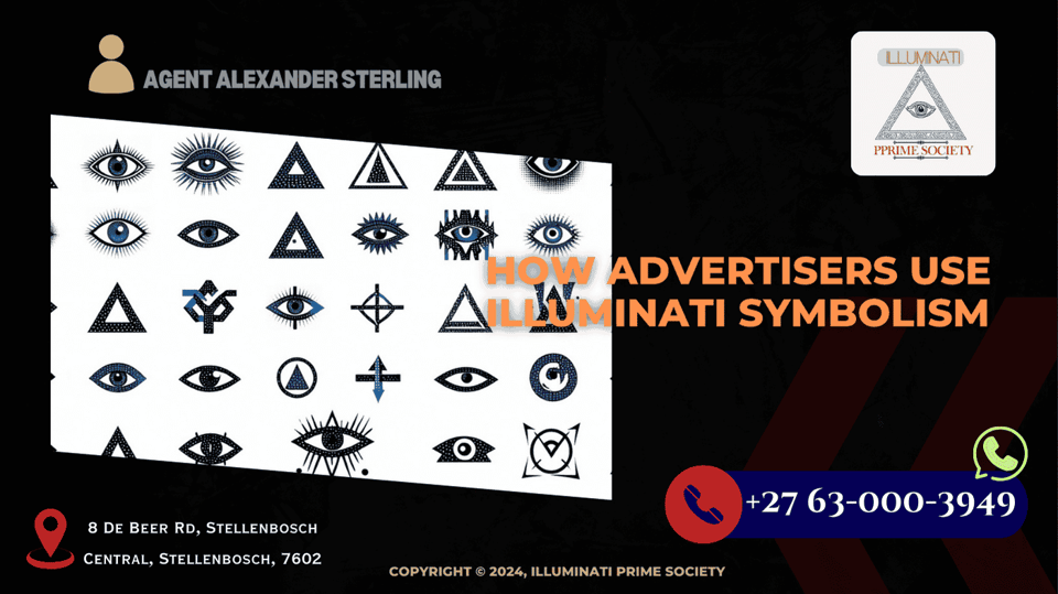 A collage of famous brand logos subtly featuring Illuminati symbols, such as the all-seeing eye and pyramids.