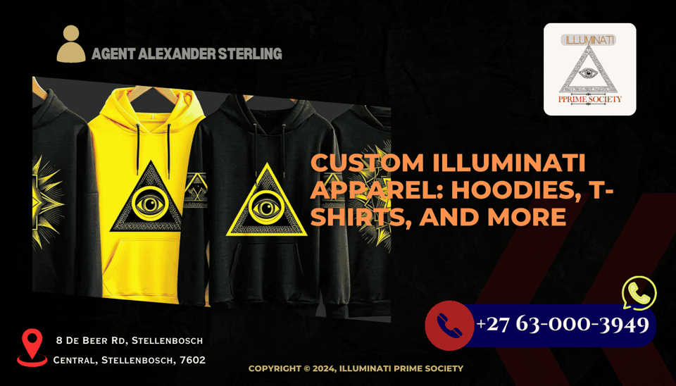 A collection of custom-designed Illuminati hoodies and t-shirts with eye-catching symbols and intricate patterns.