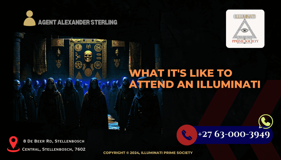 A dimly lit room filled with people in masks, surrounded by symbols and ancient artifacts, hinting at a secretive and exclusive gathering.