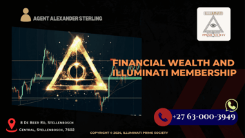 A mysterious symbol representing the Illuminati, with a backdrop of financial charts and wealth indicators.