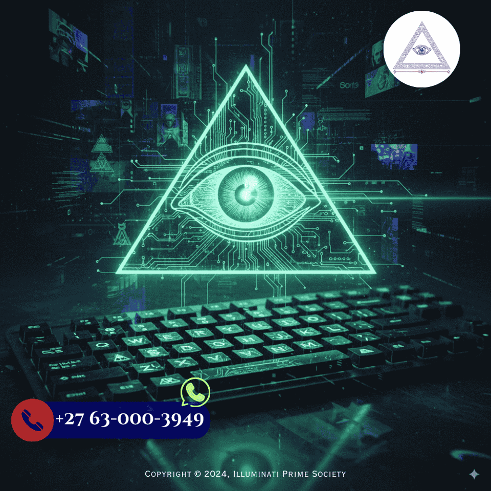 A symbolic representation of the Illuminati with an all-seeing eye over a keyboard, signifying the theorys pervasive presence in online spaces.