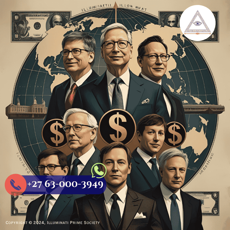 An artistic depiction of powerful business leaders such as Bill Gates, Warren Buffett, and Elon Musk with symbolic imagery like dollar signs and global maps, representing theories about their  con