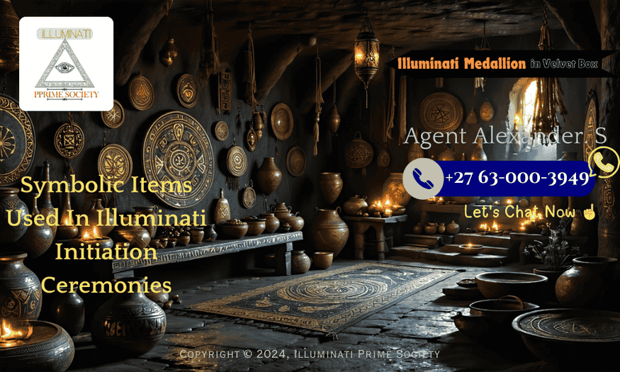 An enigmatic, dimly-lit room filled with ancient, symbolic artifacts used in secret initiation ceremonies