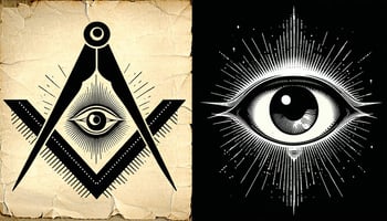 A mysterious and symbolic image featuring the square and compass of Freemasonry juxtaposed with the Eye of Providence, often associated with the Illuminati.