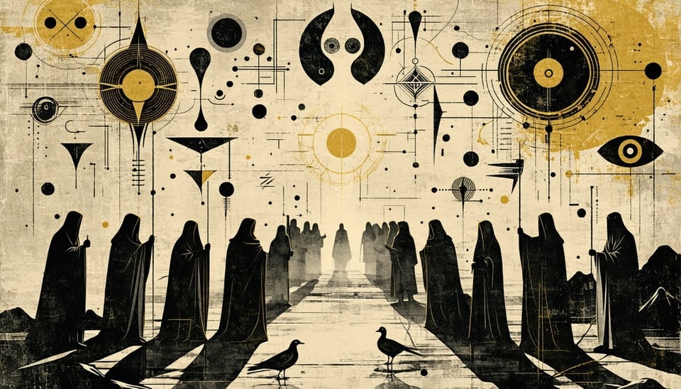 An enigmatic gathering with ambient lighting, featuring intricate art and musicians playing classical instruments.