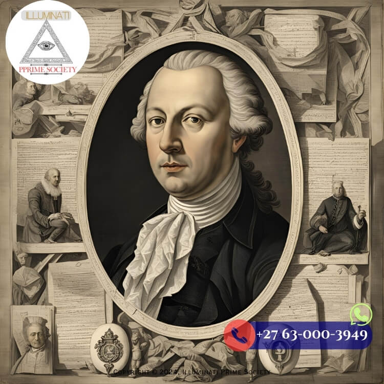 A portrait of Adam Weishaupt, the founder of the Illuminati, alongside historical documents.