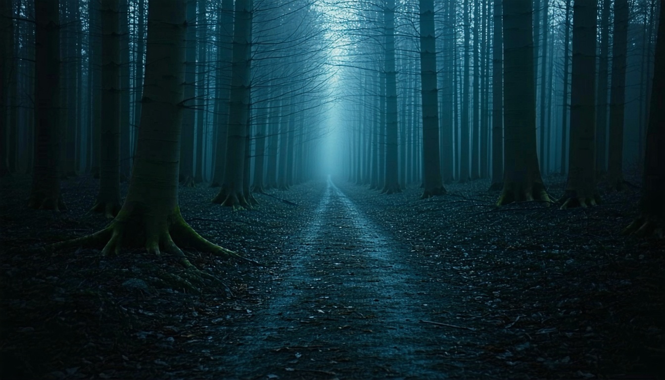 A mysterious path leading through a dark forest, symbolizing the uncertain yet intriguing future for new Illuminati members.