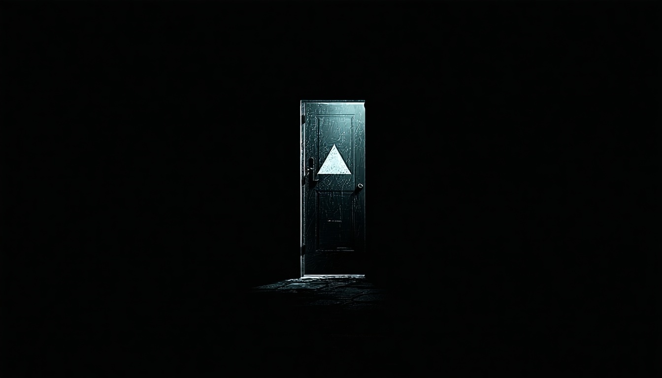 A mysterious, darkened doorway with a faint light shining through, symbolizing the unknown journey into the Illuminati.