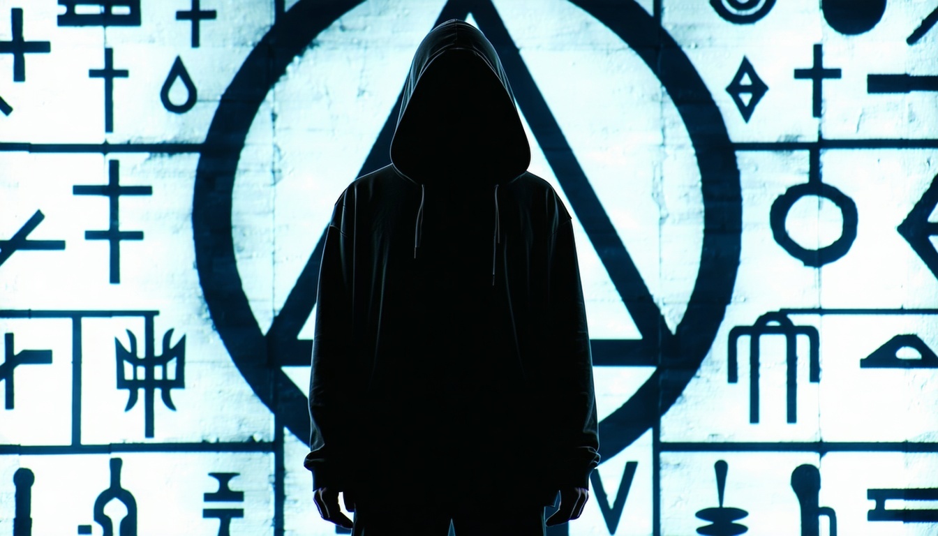 A shadowy, mysterious figure standing in front of a symbol-laden wall, representing the secretive nature of the Illuminati.